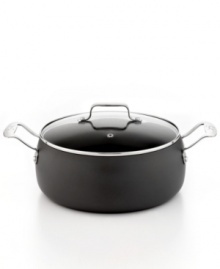 Confident cooks look no further-Emeril's hard-anodized dutch oven comes into the kitchen & creates a whole new order for boiling, sautéing, frying, simmering and more. Designed with a heavy-duty exterior, nonstick interior and glass lid, this essential traps in heat and moisture for tender, absolutely delicious meals. Lifetime warranty.