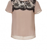 With its romantic lace overlay and pristine nude silk, Collette Dinnigans modern cut top is a chic choice for dressing up day and evening looks alike - Round neckline, sheer short sleeves, sheer black lace front yolk, key-hole cutout with button closure at nape, slit sides, longer sheer back - Loosely fitted - Wear with a high-waisted pencil skirt and heels