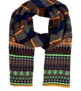 With a bold pattern and neon flourishes, this vibrant scarf from Paul Smith will amp up your cold weather look - Mixed pattern, neon stripe and peace sign details, easy-to-style length - Pair with jeans, a cashmere pullover, a parka, and boots