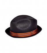 Stylish dark chocolate mens woven paper hat - A modern spin on the classic Trilby - Chic contrast cotton brim - Elegant striped grosgrain band in shades of orange, red and cream - A slick, go-to accessory this season and indispensable warm weather must