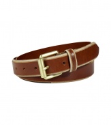 Stylish belt of fine cognac-brown leather - Medium width, and cool, classic shape - Slightly bevelled edging and decorative buckle brings unexpected style - Must-have accessory for trendy, casual looks - Wear with favorite jeans, chinos or corduroy pants