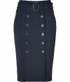 Cut a feminine figure at the office in Burberry Londons ultra sleek belted midi-skirt, detailed with logo buttons for that military-chic feel - Buttoned front, side slit pockets, belted waistline, metal back zip, kick pleat - Form-fitting, high-waisted - Wear with feminine tops and peep-toes, or with tucked in knits and high-heel ankle boots