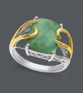 Add flourish with fabulous, fluid design. This breathtaking ring highlights a rectangular jade stone (12 mm x 10 mm) set in swirling sterling silver and 14k gold. Size 7.