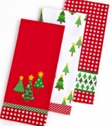 Brighten up the heart of your home with this celebration of Christmas kitchen towels. A festive mix of contrasting reds & greens, jolly trees and other seasonal icons, this set brings a bit of cheer to the chef's corner.