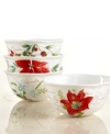 A season of entertaining and celebration will flourish with the assorted Winter Meadow dessert bowls from Lenox. Red poinsettia and amaryllis, crisp holly and delicate paperwhites bloom on scalloped ivory porcelain with elegant gold script.