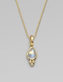 A luminescent blue moonstone in a beautiful teardrop shape with a pavé diamond bale and three dazzling diamonds set in radiant 18k gold. Blue moonstoneDiamonds, .135 tcw18k goldSize, about ½Diamond accented 18k gold baleMade in ItalyPlease note: Necklace sold separately. 