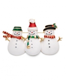 Winterize your wardrobe with this chic cold-weather style. Three adorable snowman sit side-by-side in Charter Club's festive pin. Crafted from gold tone mixed metal with white glitter, red, green and black enamel accents. Approximate length: 2 inches.