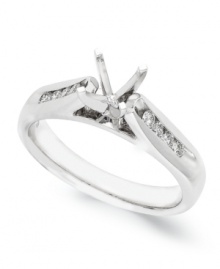 Start off your one-of-a-kind engagement ring by selecting your favorite ring setting. This stunning ring setting features a 4-prong design in 14k white gold with round-cut diamonds at the shoulders (1/8 ct. t.w.). Band width: 3-1/2 mm. Available in whole sizes 6-9.