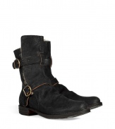 Elevate your cold weather basics with these vintage-inspired fur-lined boots from Fiorentini & Baker - Round upturned toe, ankle straps, chunky heel, wrinkled front, fur-lined - Pair with straight leg jeans, a cashmere pullover, and a slim parka