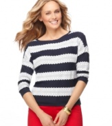 A chic knit sweater with lace stripes from Charter Club is a springtime essential! Pair it with vibrant pants for a classic look with a twist. (Clearance)