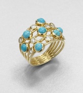 From the LOL Diamond Collection. Called a constellation ring for its multi bands dotted with turquoise cabochons and twinkling diamonds, this ring is nothing if not dramatic.Diamonds, .50 tcwTurquoise18k yellow goldWidth, about 1Imported