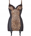 Get the sultry glamorous look of a vintage 1950s pin up girl in Von Follies by Dita Von Teeses wild animal print satin and mesh long line fitted chemise - Underwire style, lightly padded structured cups, sheer black stretch lace overlay with scalloped trim on cups, wide adjustable straps with gold-toned hardware - Slinky lightweight wild animal print satin paneling, sheer mesh sides, animal print mesh inserts at hips, adjustable gold-toned back hook-and-eye closures, satin garter straps with gold-toned clips - Cinched waist - Wear with silk stockings for a seriously seductive look