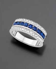 This band ring boasts beautiful round-cut sapphires (9/10 ct. t.w.) and sparkling diamond accents. Set in 14k gold.