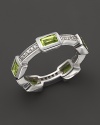 Faceted peridot and white sapphires, set in sterling silver, evoke art deco style. By Elizabeth Showers.