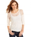 A bodice of filmy lace gives this three-quarter sleeve top the all of the feminine style you adore! From Eyeshadow.