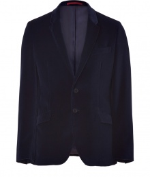 Satiny-soft velvet lends this slim-cut, midnight blue PS by Paul Smith jacket its stylish smartness - Contemporary cut is single-breasted and slightly fitted - Medium-width collar and lapels, two flap pockets, single chest pocket and two-button closure - Decorative seams and rear vents - Polished and elegant, perfect for pairing with a button down and jeans or a cashmere pullover and dress trousers