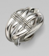 Interwoven bands of ribbed silvertone create a dramatic look, with a Swarovski crystal-set clasp.CrystalSilverplatedDiameter, about 2½Magnetic snap claspMade in Italy