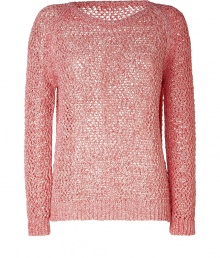 Stylish loose knit pullover in fine, pure coral-colored cotton - Elegant, lightweight open weave ideal for layering - Long sleeves and round neck - Straight, slim silhouette - Chunky rib trim at hem and cuffs - Casually cool, ideal for both work and play - Pair with a fitted tank or t-shirt and wear with jeans, chinos or a pencil skirt