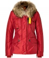 Sporty yet chic, this shiny red down jacket with a luxe fur collar from Parajumpers injects effortless style into your cold weather looks- Large fur spread collar, long sleeves, concealed front zip closure, flap pockets, slim fit back zip vents - Perfect for a day on the slopes or a cold day in the city