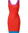 Strike a sultry pose in this perennial favorite cocktail-ready dress from Herv? L?ger, updated this season with a chic colorblock - Scoop neck, sleeveless, bandage style with figure-hugging multi-panels, concealed back zip closure - Extra form-fitting - Style with platform pumps and a statement clutch