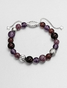 From the Spiritual Bead Collection. A beautiful beaded style with amethyst, red tiger's eye and ruby on a sterling silver box chain. Amethyst, red tiger's eye and rubySterling silverDiameter, about 2 adjustableBeaded closureImported 