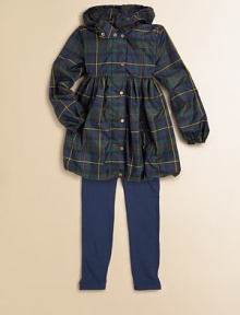 A preppy Tartan plaid raincoat is smartly designed with an attached hood for extra protection from the elements.Attached hood at mockneck collarLong sleevesFull snap-frontGathered empire waistZip slant welt pocketsBubble hemFully linedPolyesterMachine washImported Please note: Number of snaps may vary depending on size ordered. 