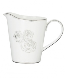 With Monique Lhuillier's designer touch, luxe bone china blossoms into the gorgeous Sunday Rose creamer. Featuring bands of platinum, luscious blooms and twinkling dots.