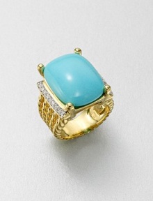 From the Wheaton Collection. A stunning turquoise cabochon is flanked by dazzling diamonds set in radiant 18k gold. TurquoiseDiamonds, .27 tcw18k goldWidth, about .78Imported