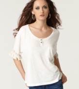 Lace and fringe trim add a boho appeal to this slouchy Andrew Charles top -- perfect with denim for everyday style!