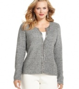 A marled metallic knit sparkles on Charter Club's plus size cardigan. It's makes a great layering piece for holiday time, too.