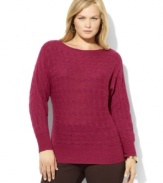 A unique horizontal cable knit and dolman sleeves lend modern appeal to Lauren Ralph Lauren's chic boatneck plus size sweater.