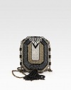 An Art Deco-inspired design with a unique shape encrusted in crystals.Detachable chain shoulder strap, 20 dropBeaded tassel accentPush clasp closureLeather lining5½W X 4H X 1½DMade in Italy