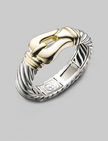 From the Buckle Collection. A cabled belt for your wrist, this smart, sleek design is cast in sterling silver with accents of 18k gold. Sterling silver and 18k yellow gold Diameter, about 2¼ Width, about ¾ Hinged, with spring hook clasp Imported