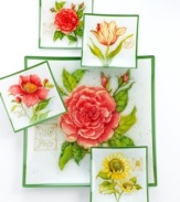 Give new life to your go-to recipes with Botanical Flowers dessert plates. Watercolor blooms plucked from the galleries of artist Susan Winget evoke the sunny ease of country living. Pine-green trim and cute bug stamps add extra personality to each glass dish. From Prima Designs' collection of serveware and serving dishes. (Clearance)