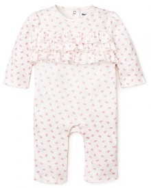 Wrap her up in a bow - lots of bows - with this romper embellished with itty bitty pretty bows and a triple tier of ruffles.