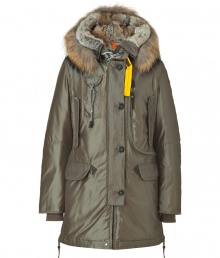 Whether youre hitting the city or the slopes this season, Parajumperss sage down parka is a sporty-luxe cold-weather essential - Water- and wind-resistant outer has an elegant, light sheen - Slim cut style hits mid-thigh - Full zip and supplementary button placket - Elbow patches and decorative contrast yellow trim - Raccoon-trimmed hood features a rabbit lining -  Two vertical flap pockets at chest, two oversize flap pockets at hips and single skinny pocket with drawstring - Fashionable and functional, a stylish must for all casual winter looks