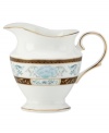 Extraordinarily detailed yet amazingly dishwasher safe, the Palatial Garden creamer from Marchesa by Lenox combines teal blossoms, intricate gold vines and velvety brown accents in gold-banded bone china.