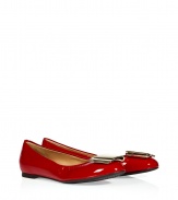 The signature Ferragamo ballet flats get a high style kick with a deco-style front charm and glamorous red patent leather - Round toe, gold-tone logo brooch at toe, made with shiny red patent leather - Wear with a swing dress, a pencil skirt, or cropped trousers