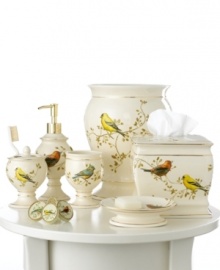 Featuring gold accents and raised-decal birds on smooth ceramic, the Gilded Birds wastebasket accents your space with an air of elegance perfect in any season.