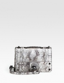 Python-embossed leather lends exotic style to this compact flap-top design with a versatile chain strap. Chain shoulder strap, single strap long 22 drop, doubled 11½ longTurn-lock on flap closureOne back open pocketOne inside zip pocketOne inside open pocketCotton lining8¼W X 5½H X 2½DImported