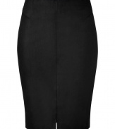 Sexy black brushed leather skirt - This slinky black leather skirt has a sultry figure-hugging silhouette - Flattering pencil length and comfortable front mini-slit - Style with a t-shirt, textured tights, and a blazer for downtown chic - Wear with a tie-neck blouse and heels