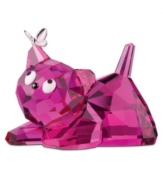 Precious in pink, Emily the kitten keeps a close watch on a silvertone butterfly. With faceted crystal fur and big round eyes, this cute cat figurine from Swarovski adds a touch of whimsy to any room.