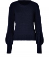 Ultra-luxe navy cashmere sweater with bishop sleeves from Antonia Zander - A step above the average pullover, this lavish cashmere sweater adds chic appeal to your cold-weather look - Flattering bishop sleeves, pullover style, slim figure-conscious fit in luxurious cashmere - Wear with slim trousers, a faux fur vest, and platform heels