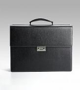 Double gusset case's sleek lines hide lots of inside pockets, securely closed with a combination lock. Top handle Detachable shoulder strap Logo metal lock closure Back outside pocket Two inside sections One inside zip pocket, one pen and cell pocket Six inside credit card pockets Logo lining 12½W X 16½H X 5D Made in Italy