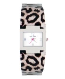 Boldly announce your arrival with this ferocious watch by Betsey Johnson. Black and white snow leopard print optical resin and stainless steel bangle bracelet and rectangular stainless steel case. White dial features silver tone numerals at twelve, three, six and nine o'clock, silver tone hour and minute hands, signature fuchsia second hand and logo. Quartz movement. Water resistant to 30 meters. Two-year limited warranty.