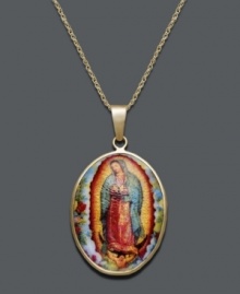 Express your religious heritage with this cherished icon. Our Lady of Guadalupe pendant crafted in porcelain with a 14k gold setting and chain. Approximate length: 18 inches. Approximate drop: 1 inch.