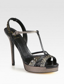 Sparkling crystal-encrusted details adorn this t-strap silhouette in rich lizard-print leather. Self-covered heel, 4¾ (120mm)Covered platform, ¾ (20mm)Compares to a 4 heel (100mm)Crystal-encrusted lizard-print leather upperElasticized ankle strap with button closureLeather lining and solePadded insoleMade in Italy