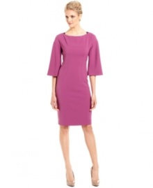 Romantic bell sleeves elegantly offset the sleek, clean lines of a sophisticated dress from T Tahari. Subtle contrast details and seaming finish the look with a haute flourish.