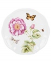 Grow your garden. Sized for salad or dessert, the Butterfly Meadow Bloom accent plate from Lenox features the sturdy, scalloped porcelain of original Butterfly Meadow dinnerware but with fresh pink and violet blossoms. Qualifies for Rebate