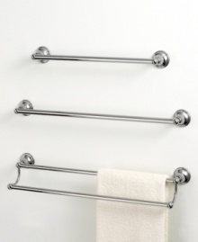 This Laural Avenue towel bar from Gatco features a simple design in polished nickel for an elegant display that coordinates with any bath decor.